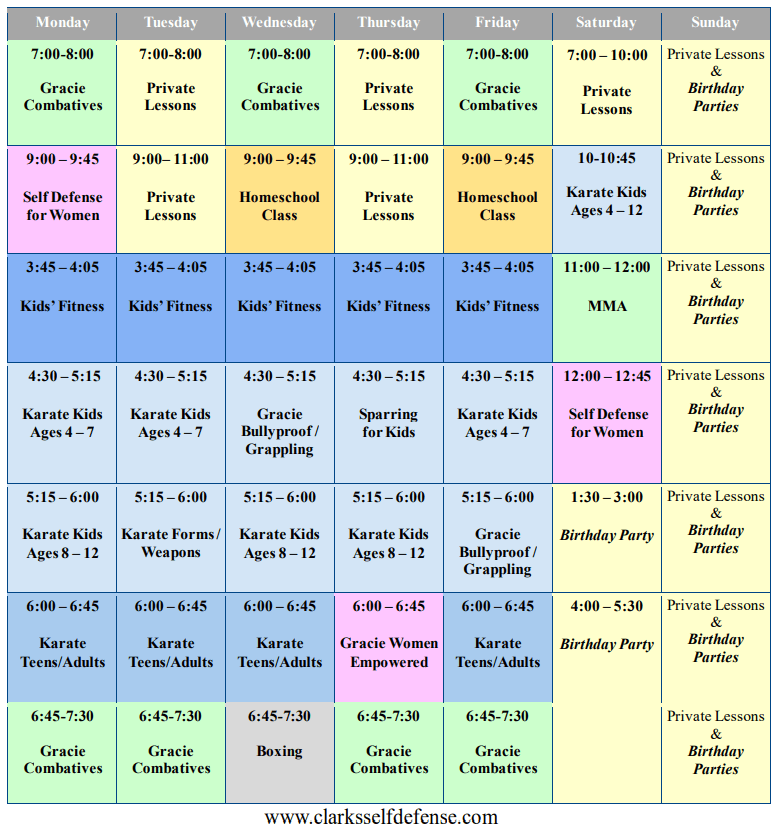 Self Defense Class Schedule