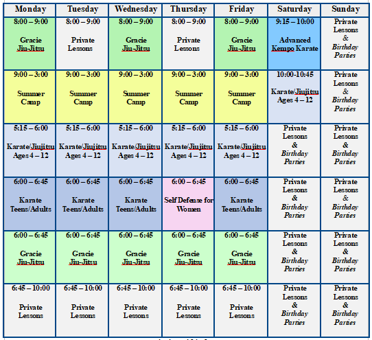 Summer 2026 Class Schedule Sarasota Karate and Gracie Jiujitsu Summer Class Schedule, Kids and Adults,