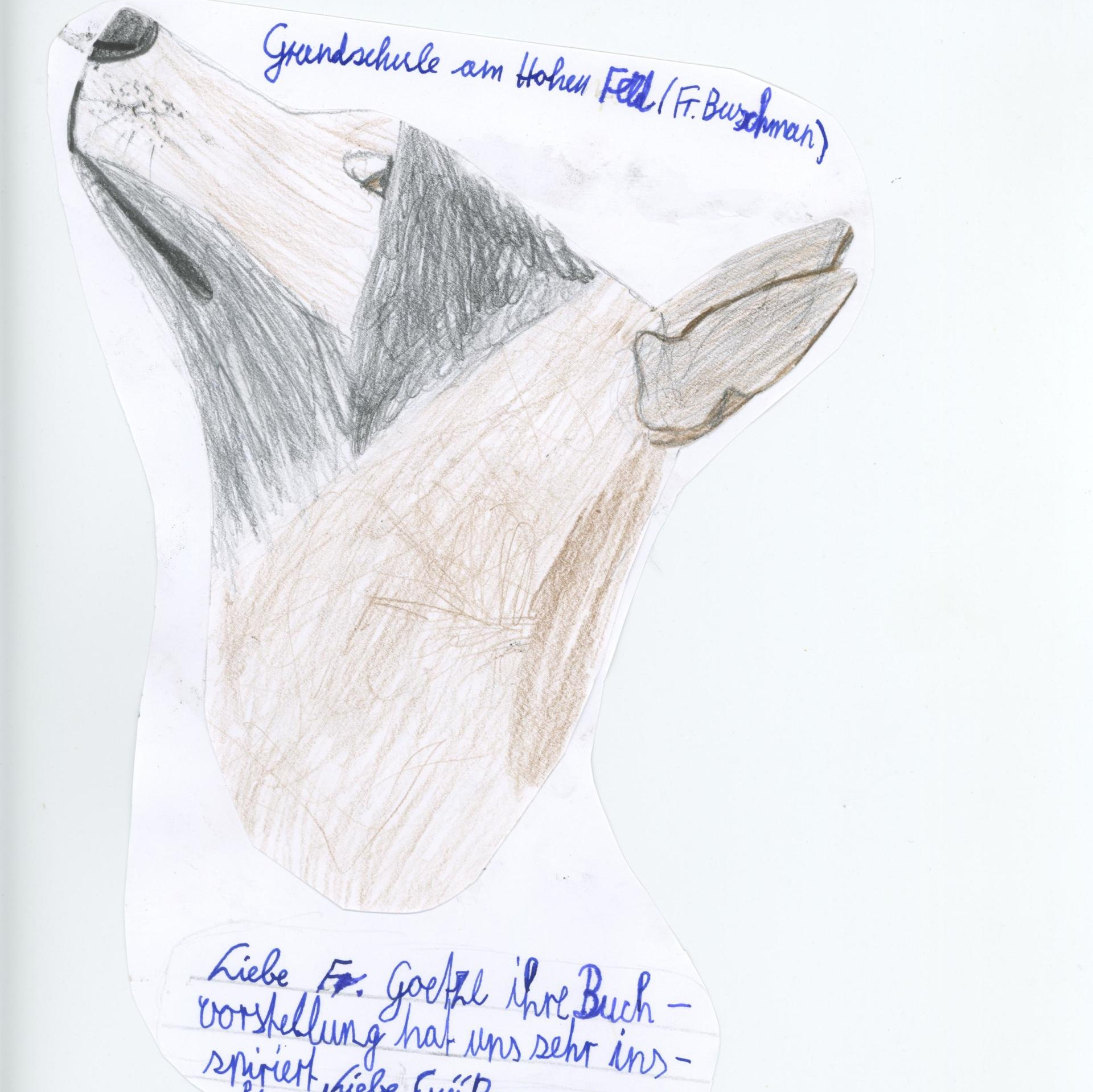 Zeichnung eines Wolfes mit der Botschaft einer Schülerin. Zeichnung eines Wolfes mit der Botschaft einer Schülerin. - Bücher, Trilogie, Fantasy, Romantasy, Werwolf, Schule, Schullektüre, Jugendbuch, Wolfsliebe. -