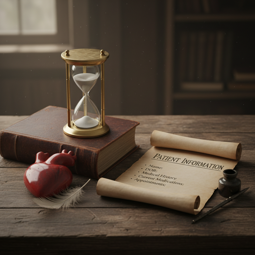 Schreibtisch mit Sanduhr in Arztpraxis