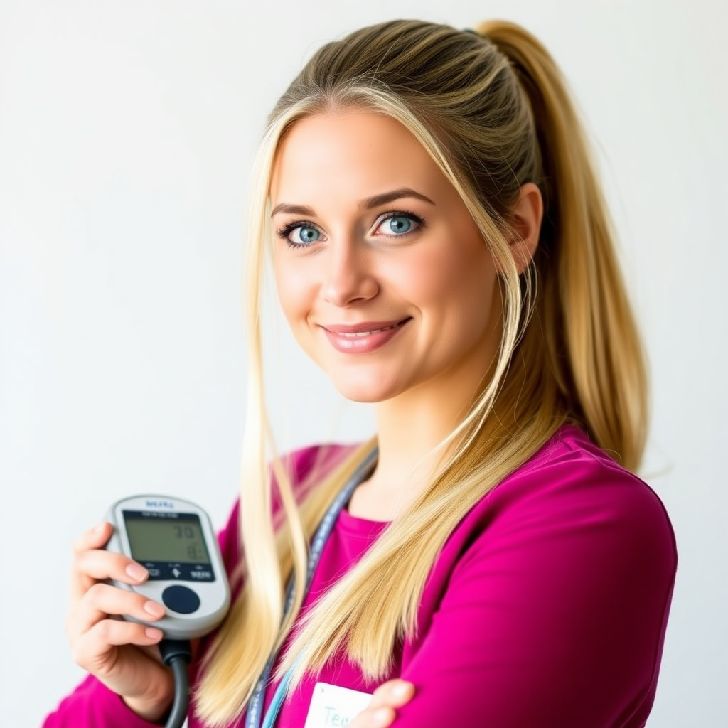 Frau mit blondem langen Haar, blauen Augen und Brille