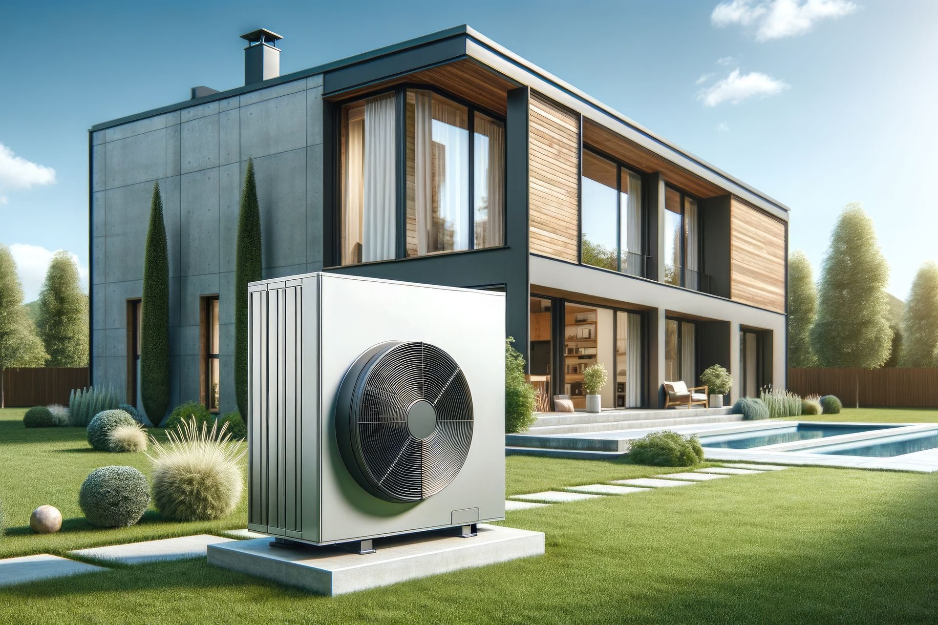 Wärmepumpe vor modernem Einfamilienhaus