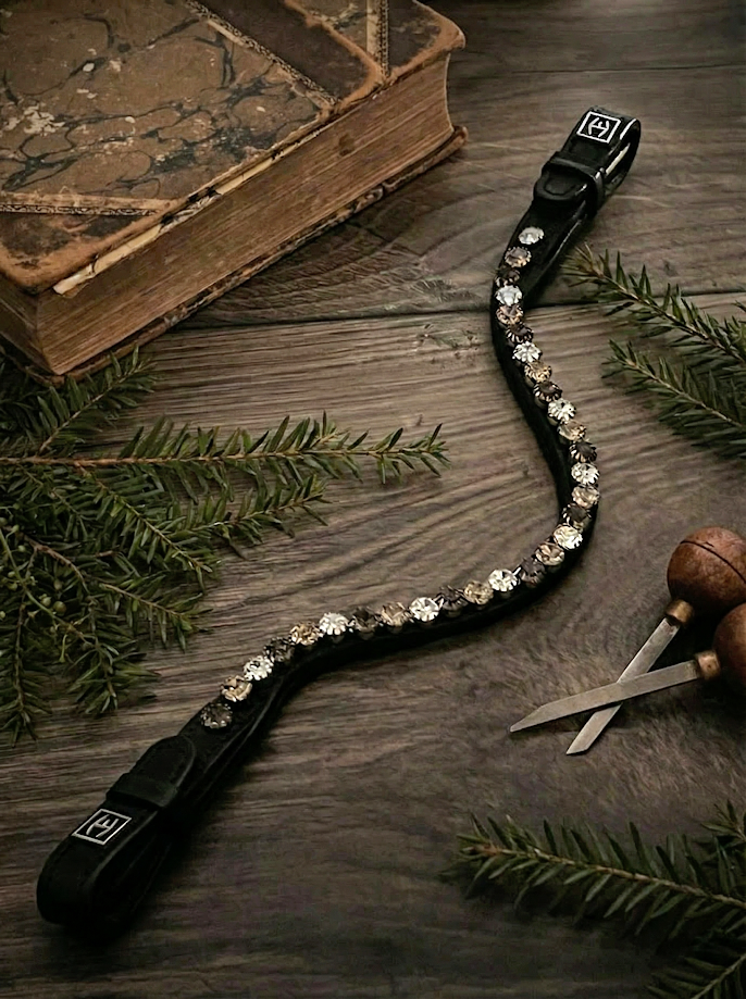 Let every hoofbeat echo with brilliance. Midnight Mirage premium European leather Preciosa crystal browband. 8mm Preciosa crystals in Smoked Topaz, Light Colorado Topaz and Crystal. Adjustable quick-change with anti-slip grip. Anatomical deep U-shape fit. All sizes. By Ice Equestrian.