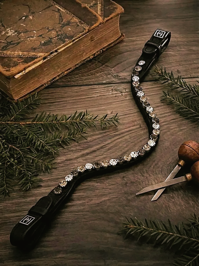 Let every hoofbeat echo with brilliance. Midnight Mirage premium European leather Preciosa crystal browband. 8mm Preciosa crystals in Smoked Topaz, Light Colorado Topaz and Crystal. Adjustable quick-change with anti-slip grip. Anatomical deep U-shape fit. All sizes. By Ice Equestrian.