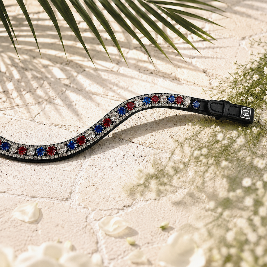 Valiant 3-Row red, silver and blue Preciosa crystal browband. Adjustable quick-change with anti-slip grip. Anatomical U-shape. All sizes. By Ice Equestrian.