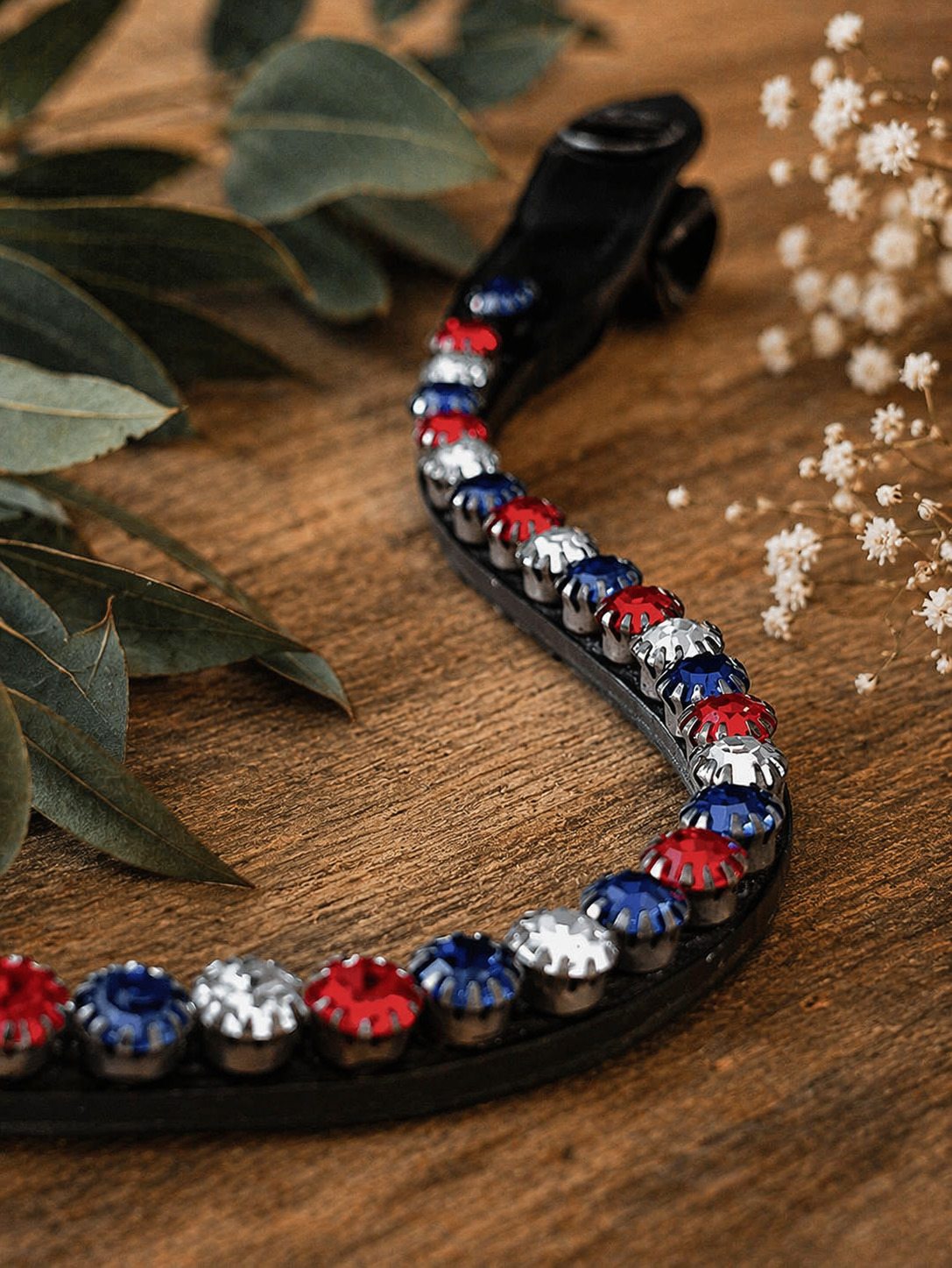 Elite Royal browband. Preciosa crystals in red, silver and blue. Quick-change with anti-slip grip. Anatomical deep U-shape. Italian leather. All sizes. By Ice Equestrian