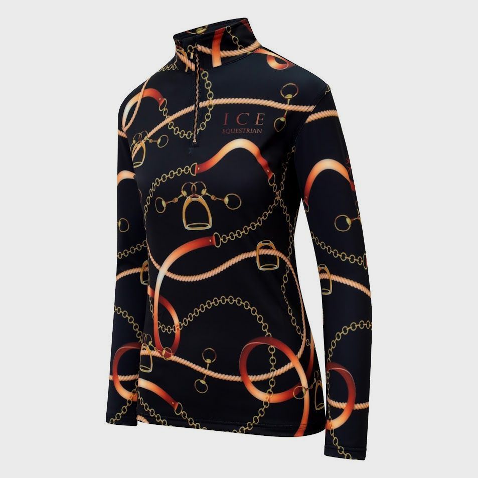 Discounted black panther adult equestrian base layer training top. Moisture-wicking 4-way stretch fabric with high collar and built-in UV protection. By Ice Equestrian