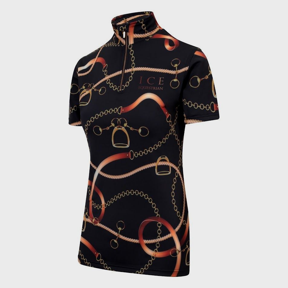 Discounted black panther adult equestrian short sleeve training top. Moisture-wicking 4-way stretch fabric with high collar and built-in UV protection. By Ice Equestrian