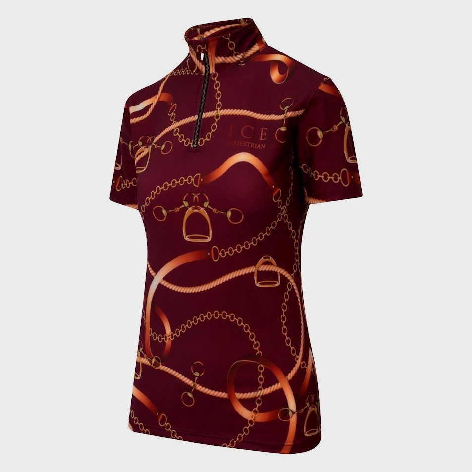 Discounted velvet rose adult equestrian short sleeve training top. Moisture-wicking 4-way stretch fabric with high collar and built-in UV protection. By Ice Equestrian