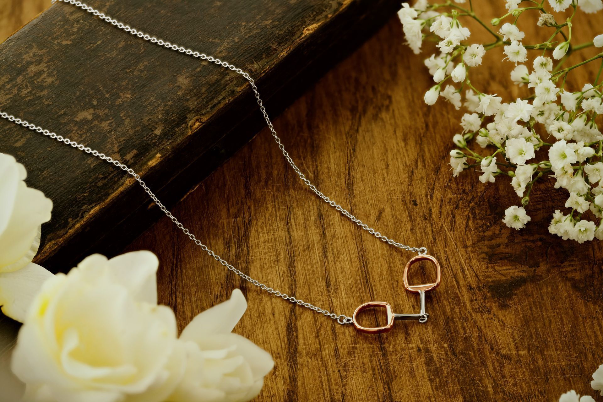 Lexi snaffle bit necklace with adjustable chain. Handcrafted sterling silver and 18ct rose gold vermeil. By Ice Equestrian