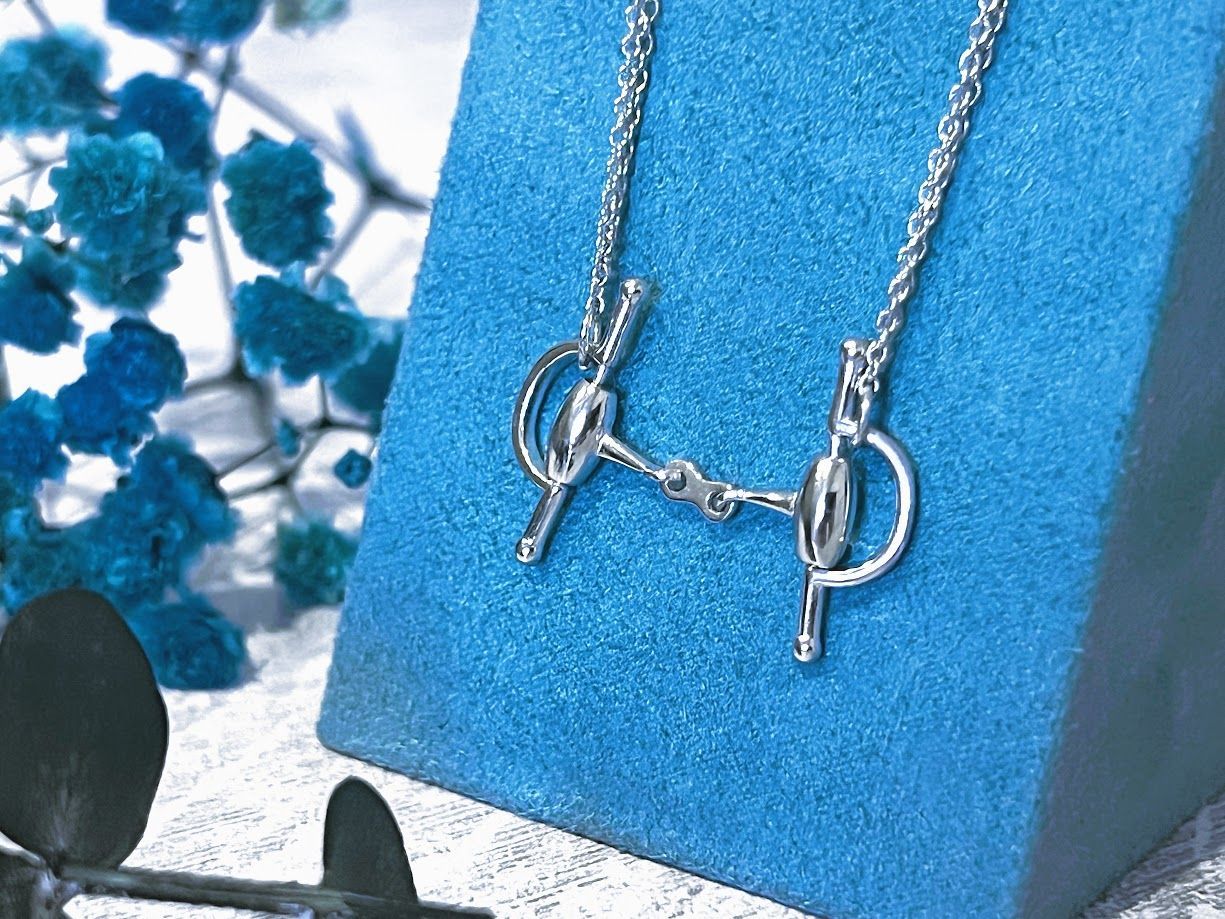Regal French Link Full Cheek snaffle bit necklace with adjustable double chain. Handcrafted sterling silver. By Ice Equestrian
