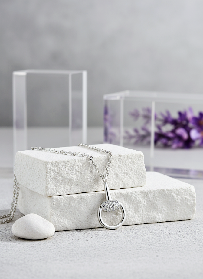 Regal Heritage Radiance half-snaffle bit pendant with adjustable chain. Handcrafted sterling silver with rhodium plating and zircon. By Ice Equestrian