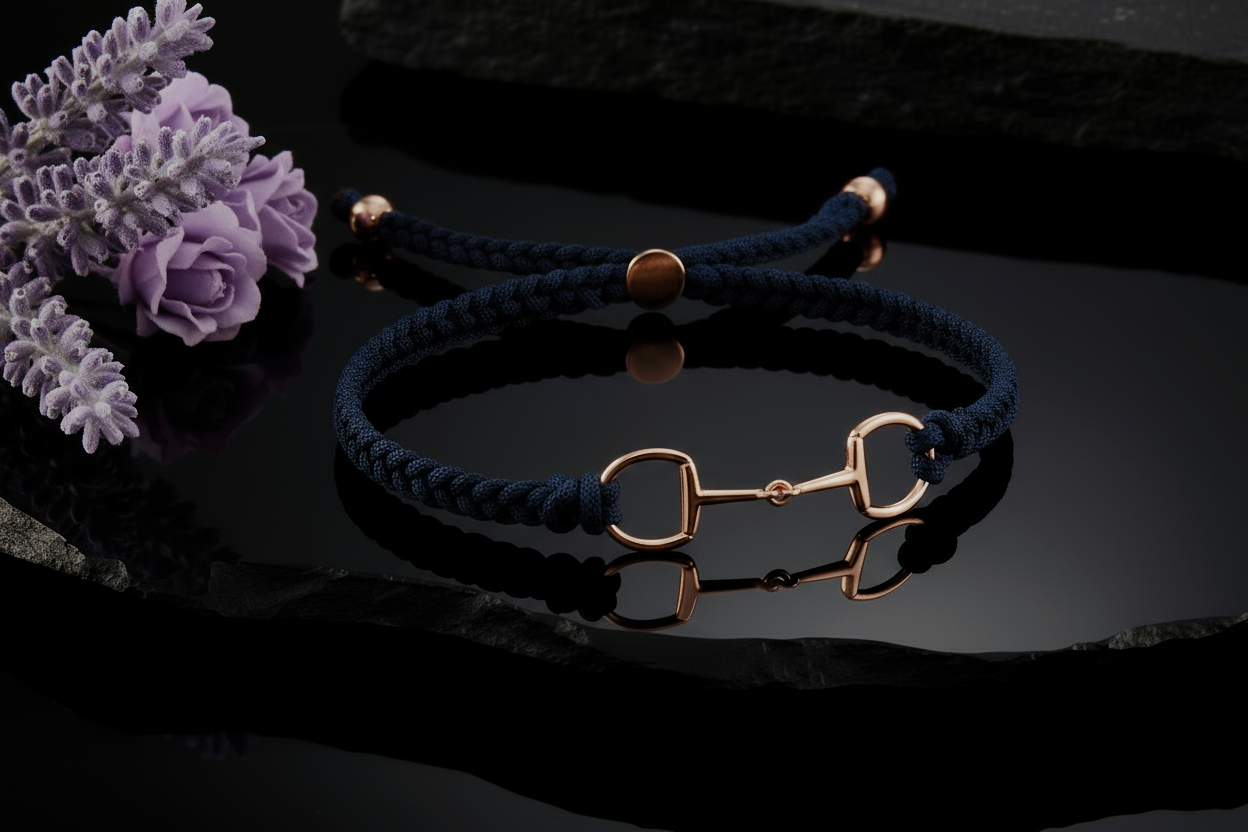 Lexi snaffle bit navy cord bracelet. Handcrafted 18ct rose gold vermeil over sterling silver with adjustable slider. By Ice Equestrian