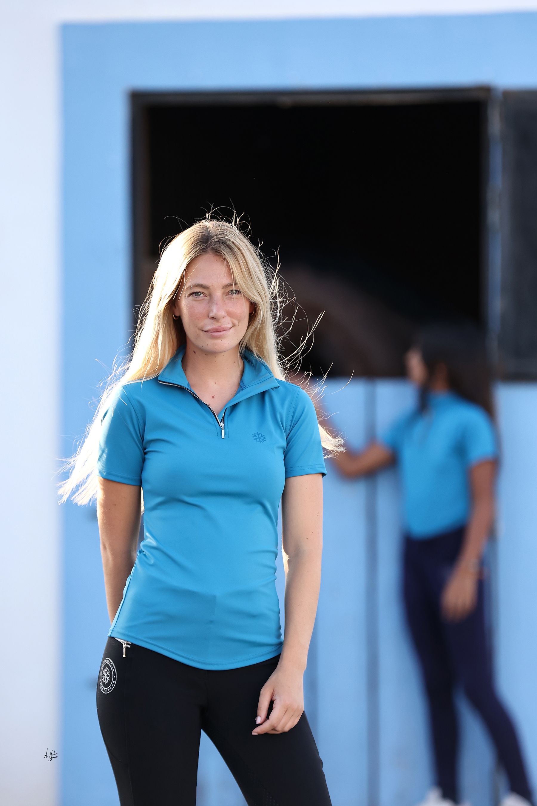 Teal Reign adult equestrian short sleeve training top. Breathable 4-way stretch fabric with perforated back ventilation and UVP 40+ sun protection. By Ice Equestrian