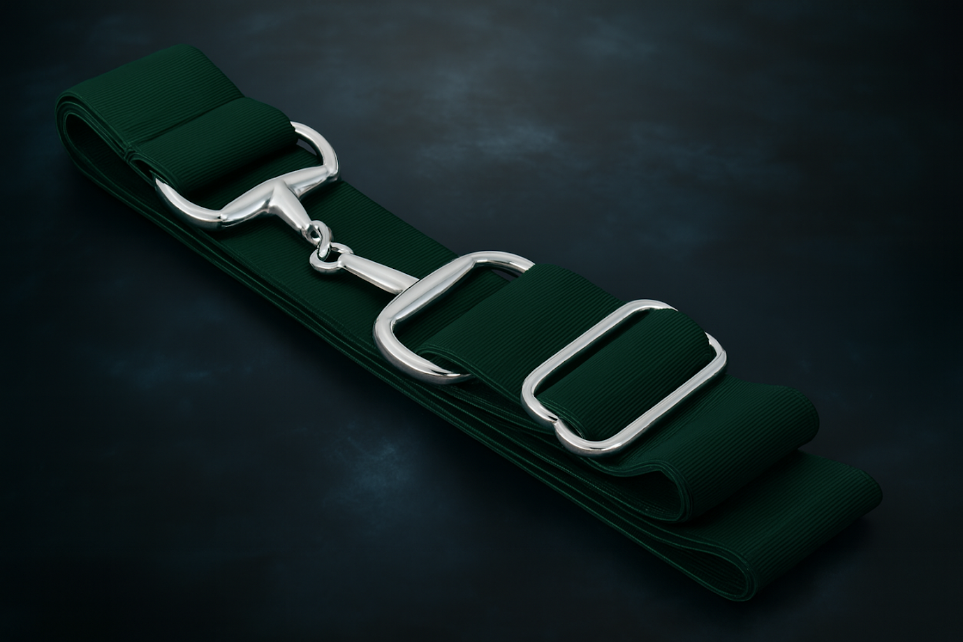 Cruze emerald snaffle belt for adult equestrians. Premium elastic with polished silver snaffle bit buckle. Adjustable fit. By Ice Equestrian