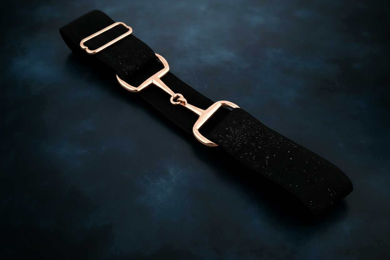 Juno black shimmer elastic snaffle belt for young riders and adult equestrians. Striking rose gold snaffle bit buckle with secure hook closure. Adjustable fit. By Ice Equestrian