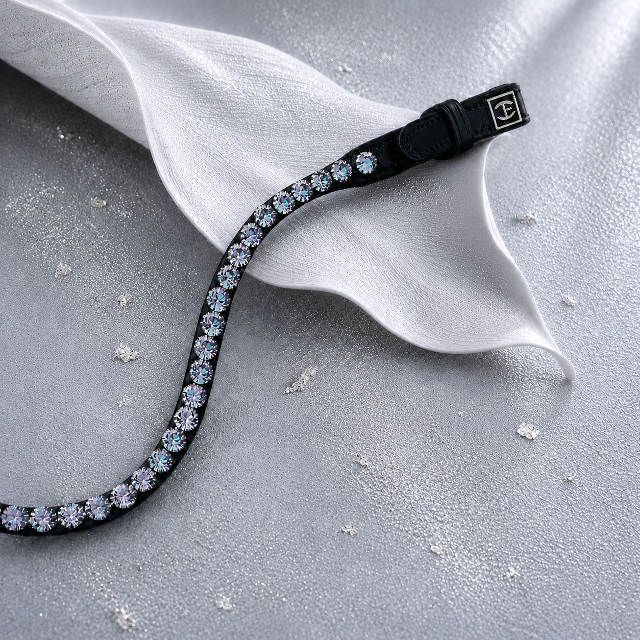 Elite Di Lusso Preciosa Light Vitrail crystal browband. Adjustable quick-change with anti-slip grip. Slender anatomical curve. All sizes. By Ice Equestrian