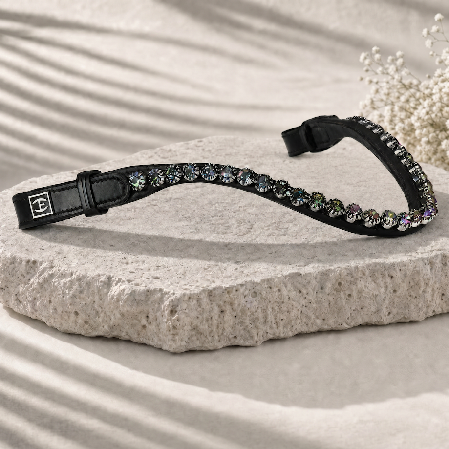 Elite Mystic Meadow Preciosa Medium Vitrail crystal browband. Adjustable quick-change with anti-slip grip. Slender anatomical curvey. All sizes. By Ice Equestrian