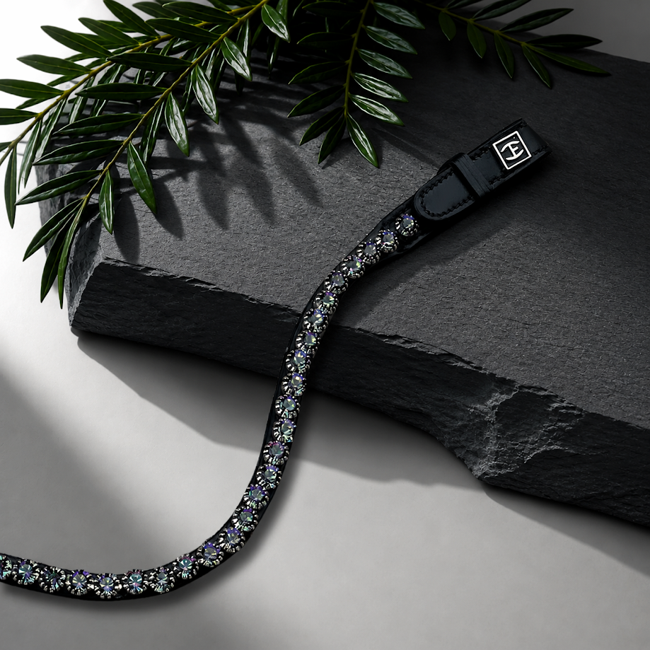 Elite Mystic Meadow Preciosa Medium Vitrail crystal browband. Adjustable quick-change with anti-slip grip. Slender anatomical curve. All sizes. By Ice Equestrian