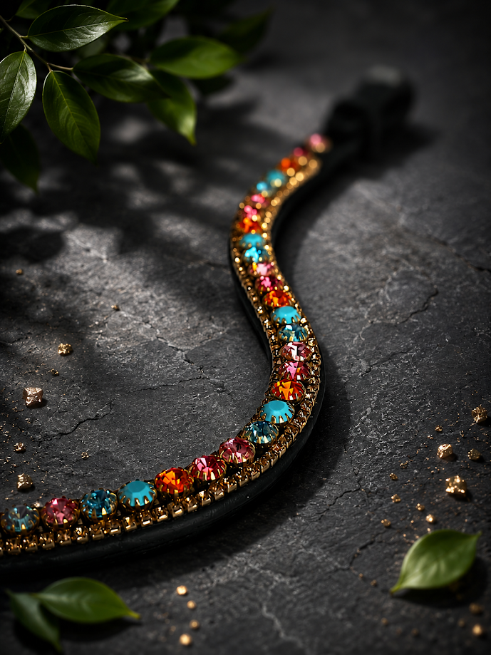 Let every hoofbeat echo with brilliance. Fairy Quartz premium European leather Preciosa crystal browband. Triple-row design with 8mm Preciosa crystals in Turquoise, Aqua Bohemica, Sun, Rose and Light Rose framed by gold 3mm crystal borders. Adjustable quick-change with anti-slip grip. Anatomical deep U-shape fit. Con and Full sizes. By Ice Equestrian.