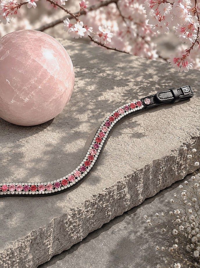 Glazed Sundae 3-Row pink hues Preciosa crystal browband. Quick-change with anti-slip grip. Anatomical U-shape by Ice Equestrian