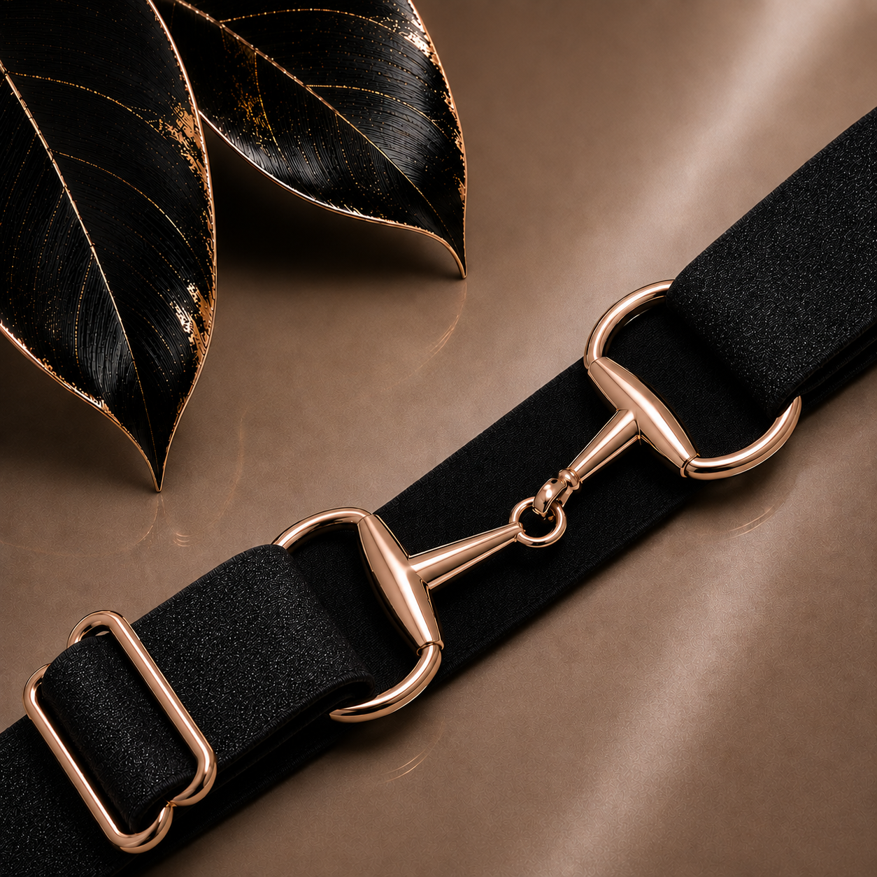 Juno black shimmer elastic snaffle belt for young riders and adult equestrians. Striking rose gold snaffle bit buckle with secure hook closure. Adjustable fit. By Ice Equestrian
