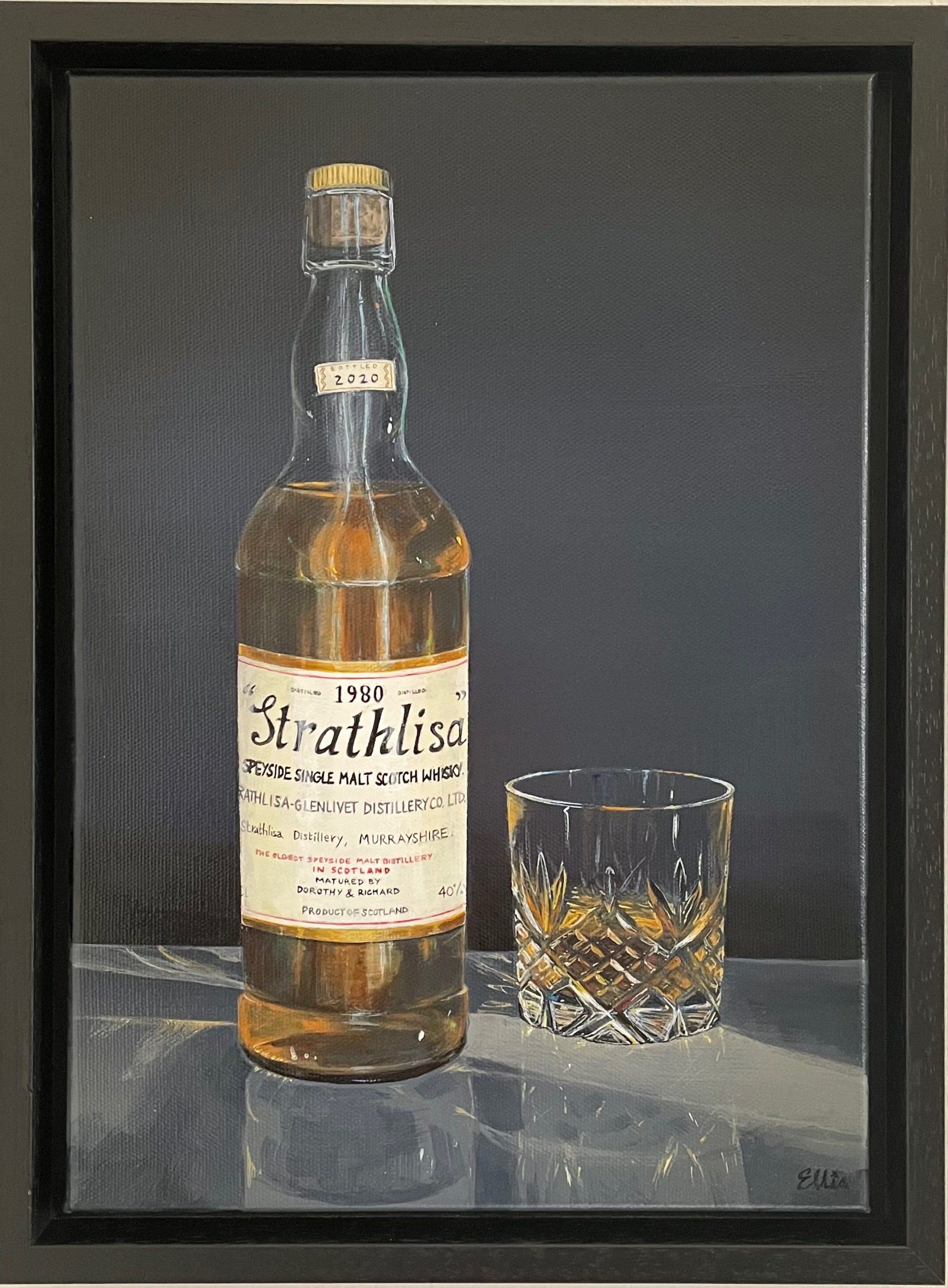 Whisky bottle and glass painting by Anne-Marie Ellis