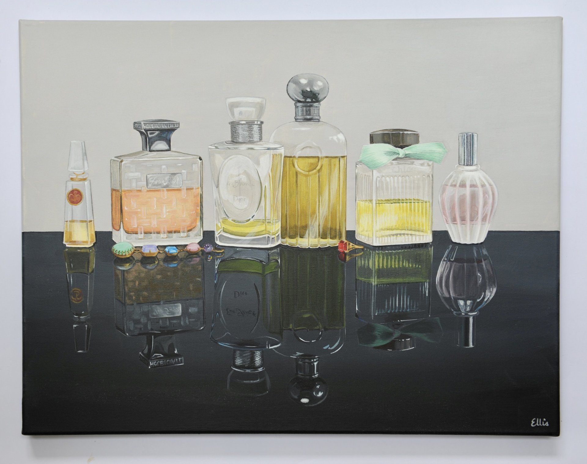 perfume bottles reflected painting fine art still life