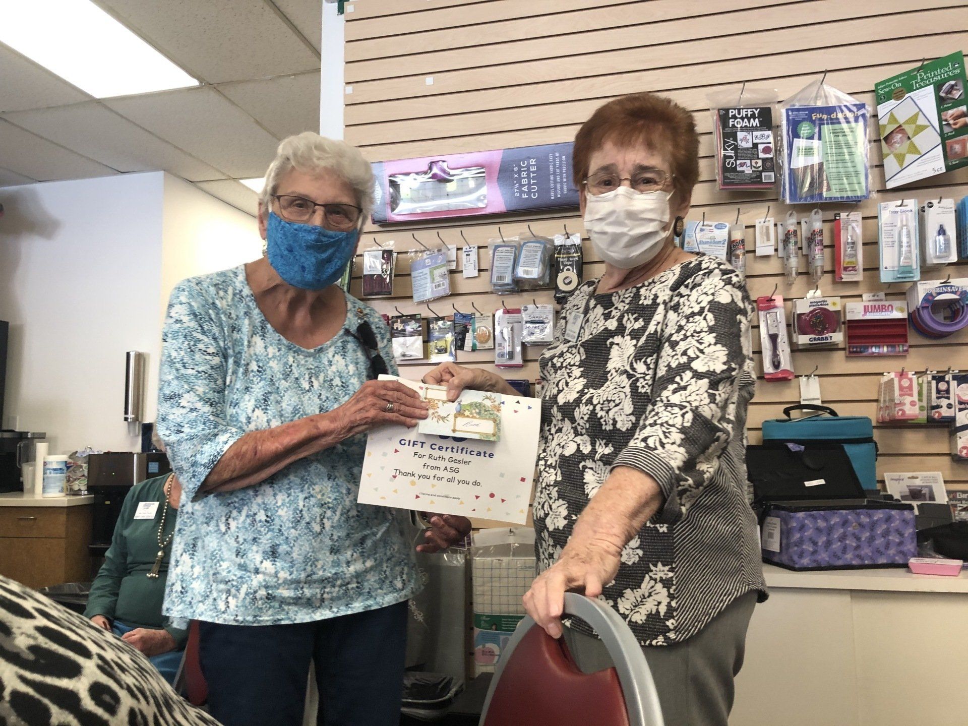 Rhoda Keegan congratulates Ruth Geisler on 17+ years as leader of El Cajon Sew Crazies NG