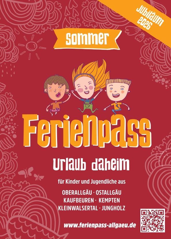 Plakat Sommerferienpass 2026. Illustration zeigt fröhliche Kinder. Das Plakat ist in rot und orange gehalten.