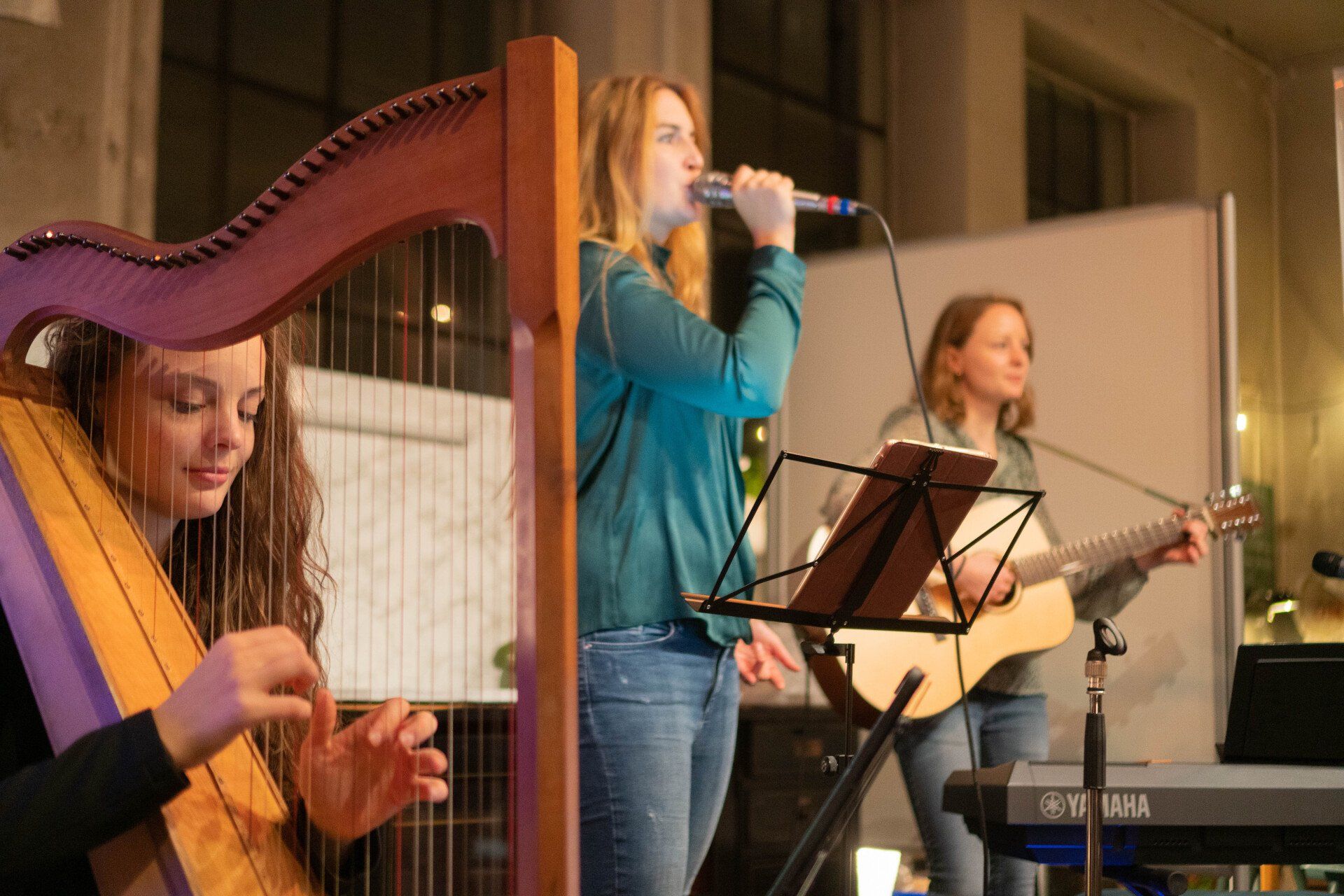 Lange Nacht der Demokratie in Marktoberdorf. Eine Frau spielt Harfe, eine singt und eine spielt Gitrarre.