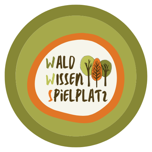 Das Logo des WaldWissenSpielplatzes. Es ist weiß, grün und orange. Man sieht Bäume.