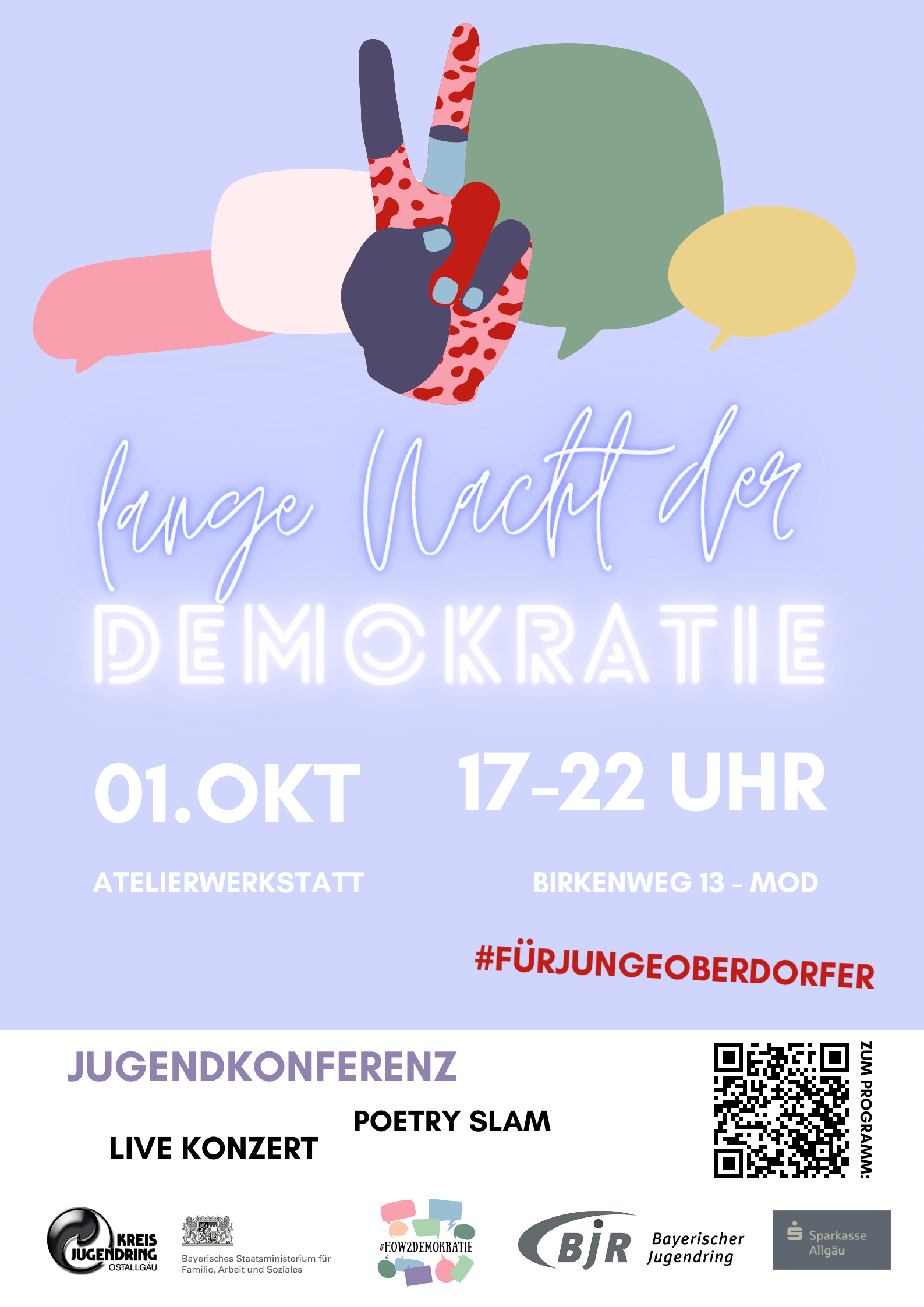 Lange Nacht der Demokratie in Marktoberdorf. Plakat mit weißer Schrift auf helllila Grund.