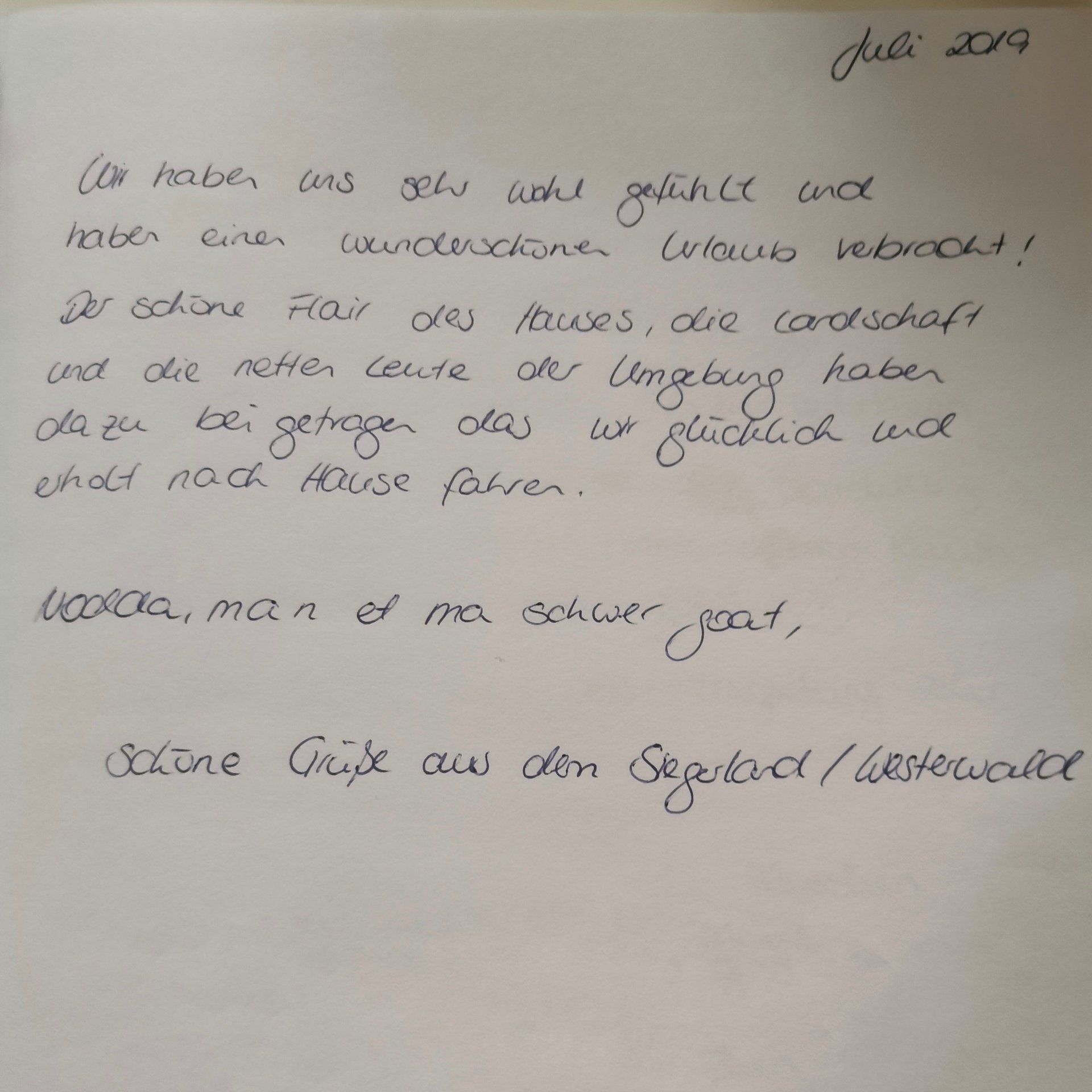 Ferienhaus an der Nordsee Gästebucheintrag