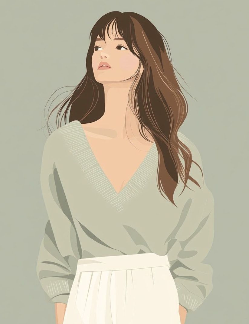 Illustration grünlich Frau mit langen braunen Haaren