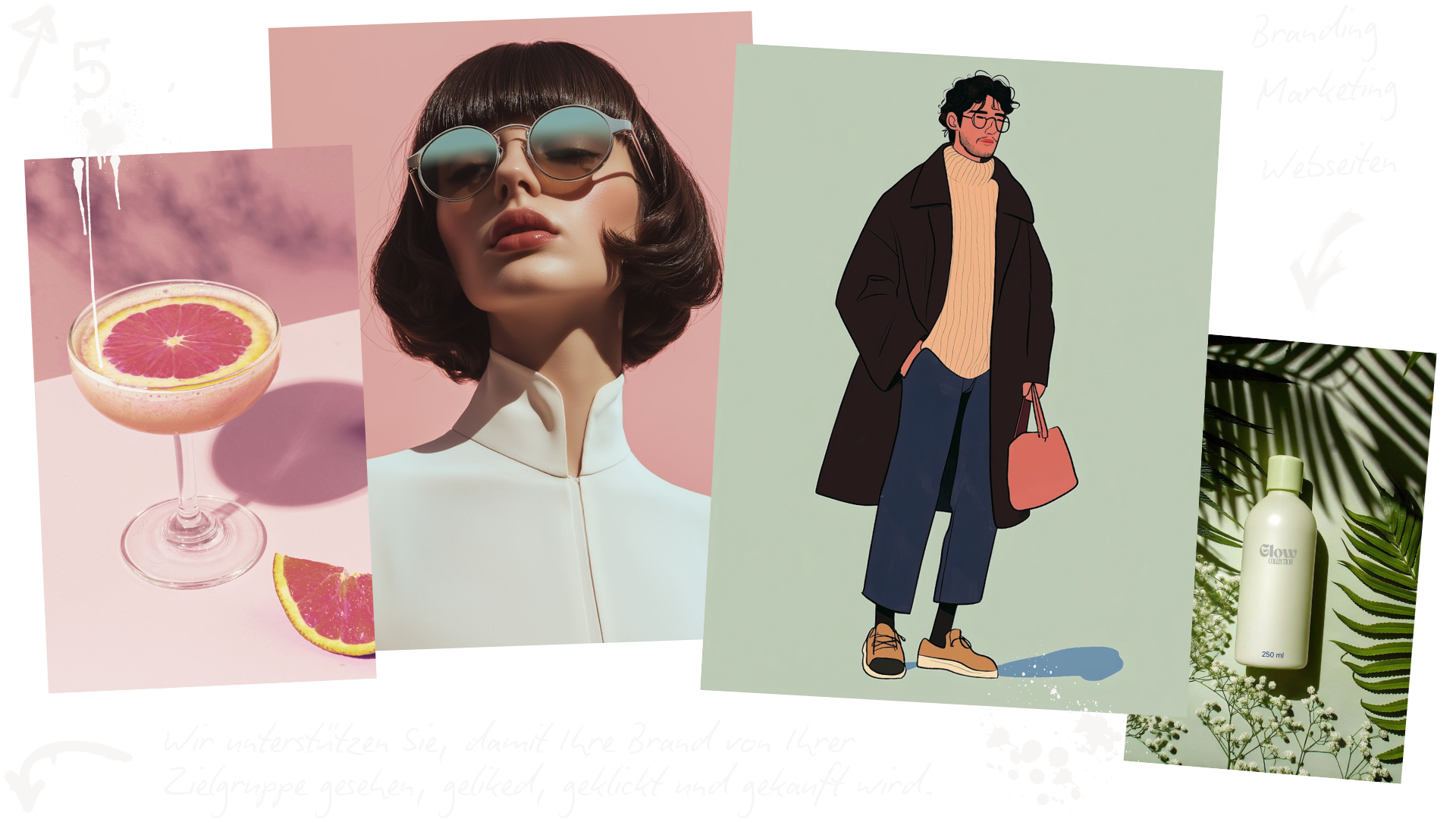 Collage in rosa grün mit Fotos und Illustrationen