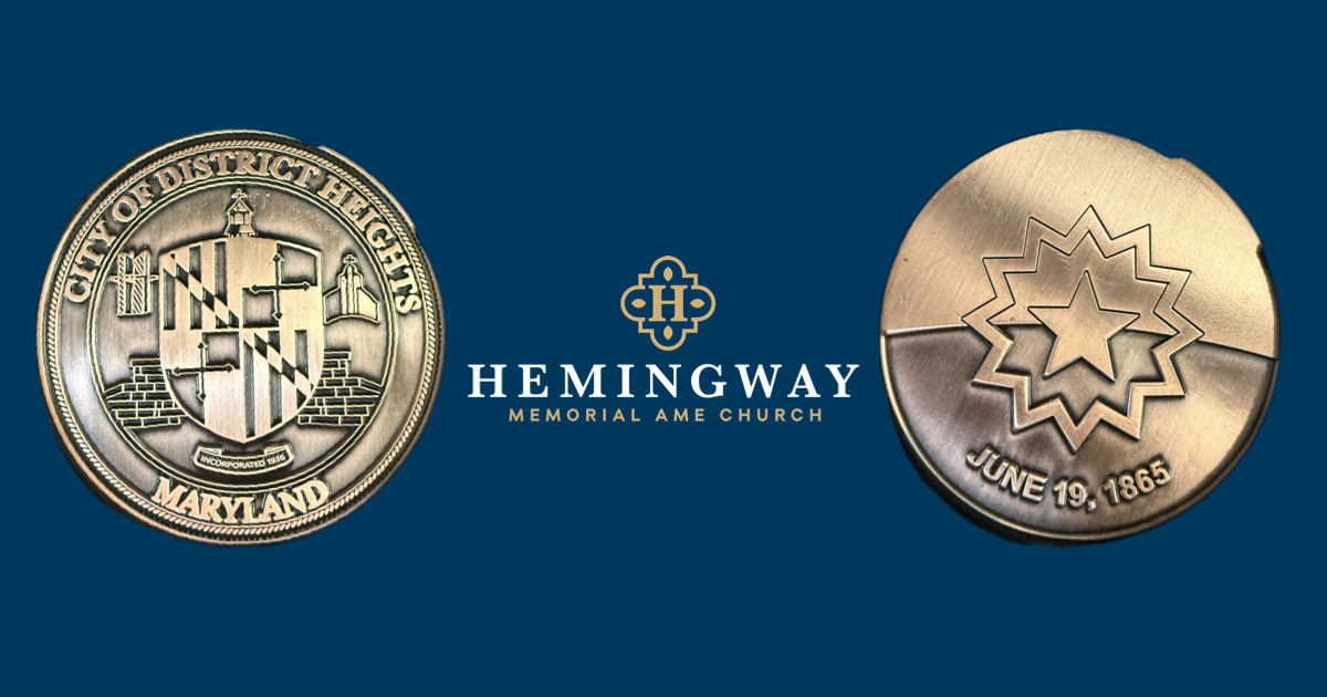 Front and Back of Juneteenth coin on dark blue background