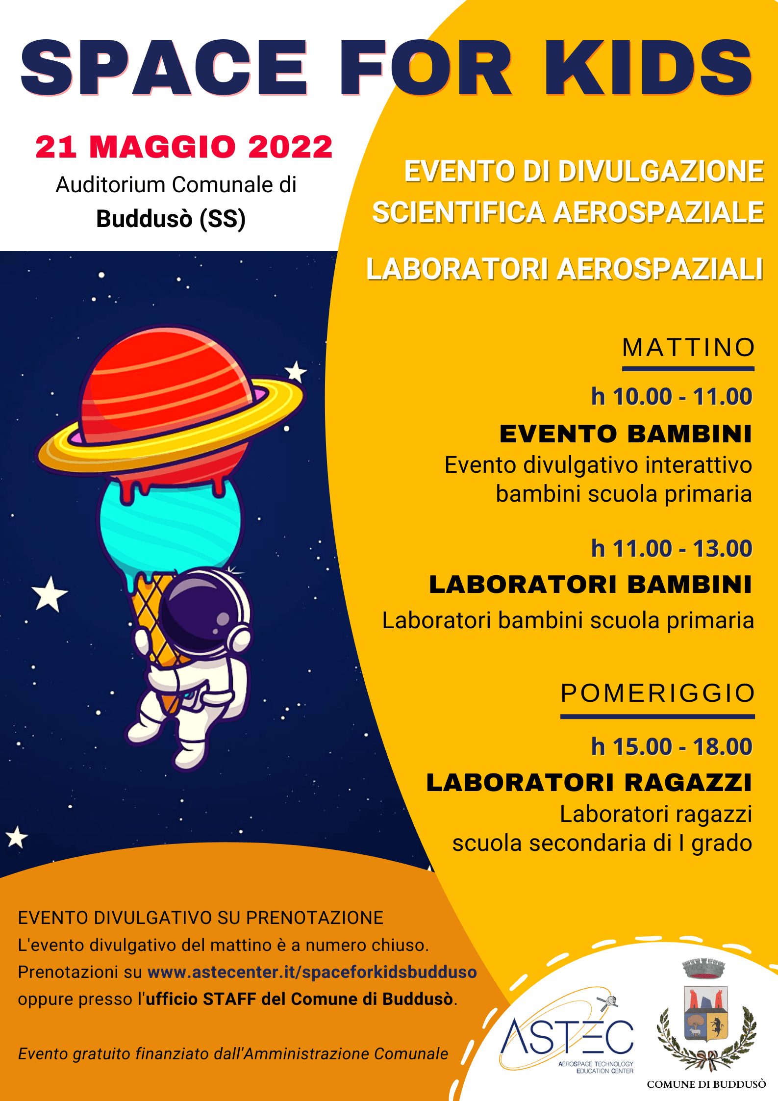 SPACE FOR KIDS ASTEC Evento divulgativo e Laboratori Aerospaziali