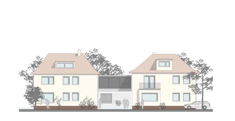 Ansicht Süd: Pflegeeinrichtung mit Verbindungsbrücke zwischen den beiden Betsandsgebäuden