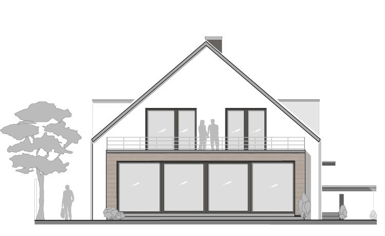 Ansicht Süd: Einfamilienhaus mit Anbau
