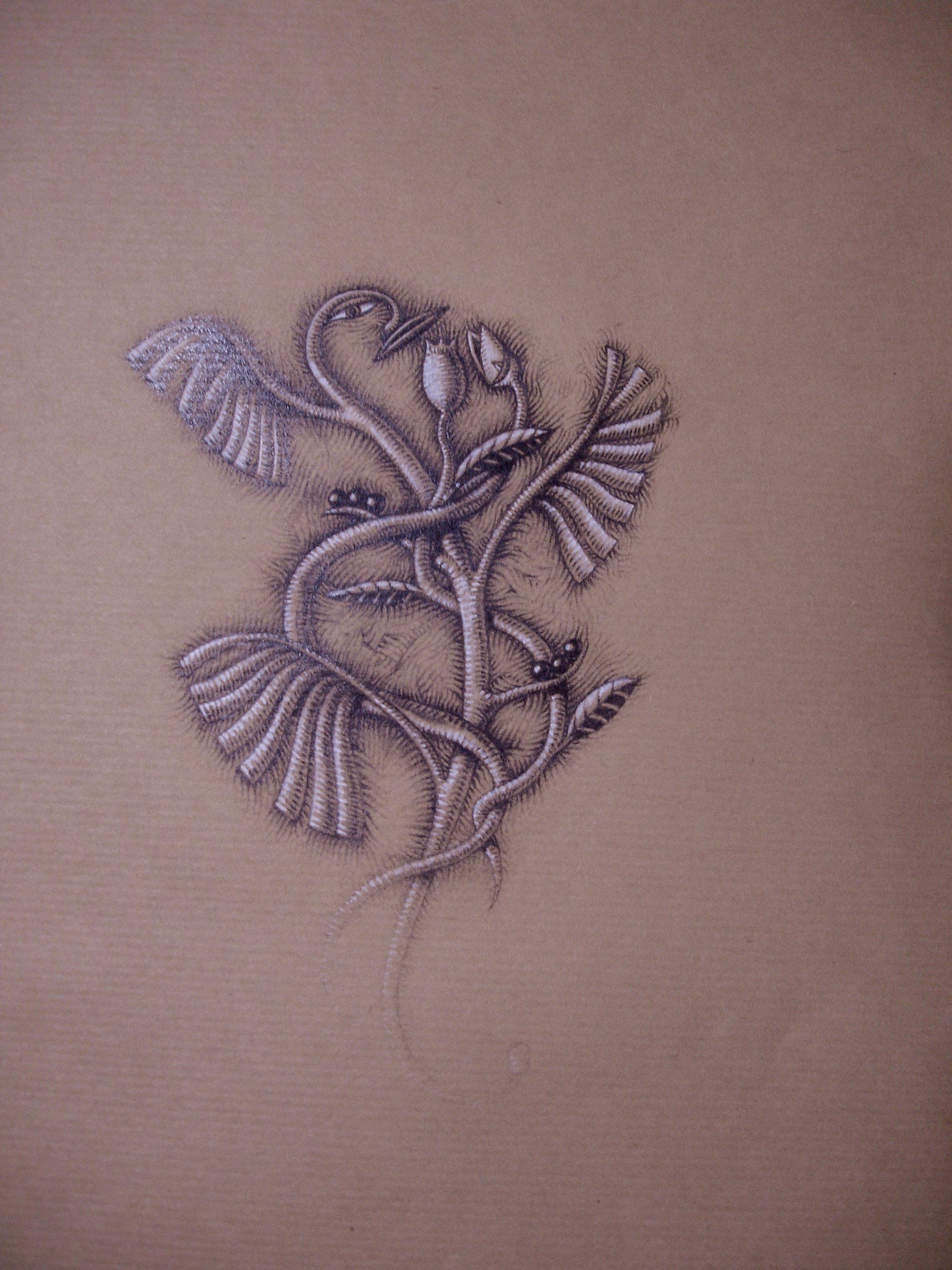 Dessin au crayon graphite sur kraft et pastel blanc