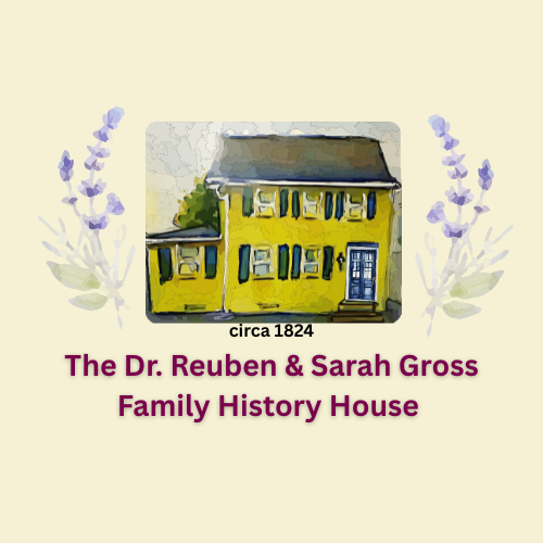 hand painting of the Dr. Reuben & Sarah Gross Family History House bordered by lavender flowers.