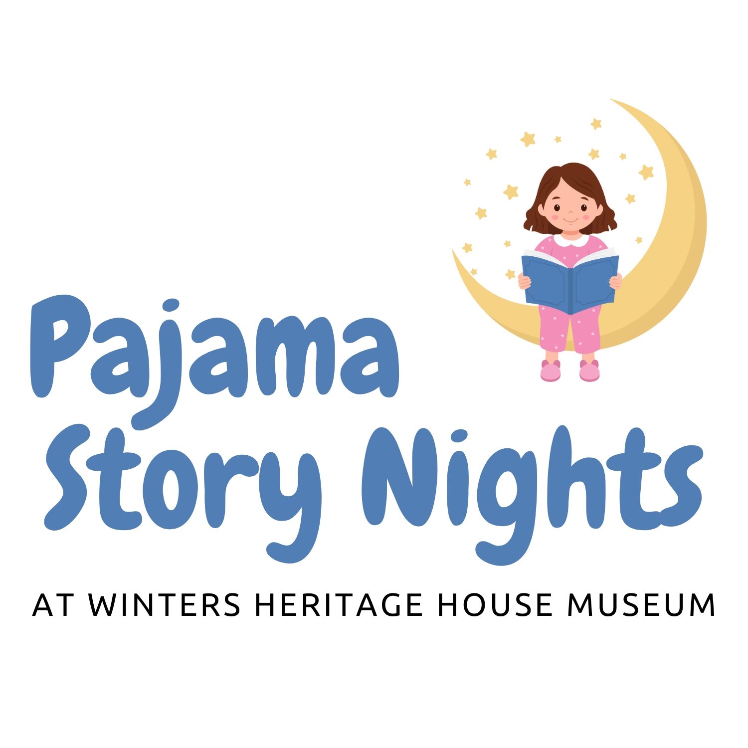 cartoon image of a girl sitting on a crescent moon reading book. Text reads Pajama Nights in big blue display letters with