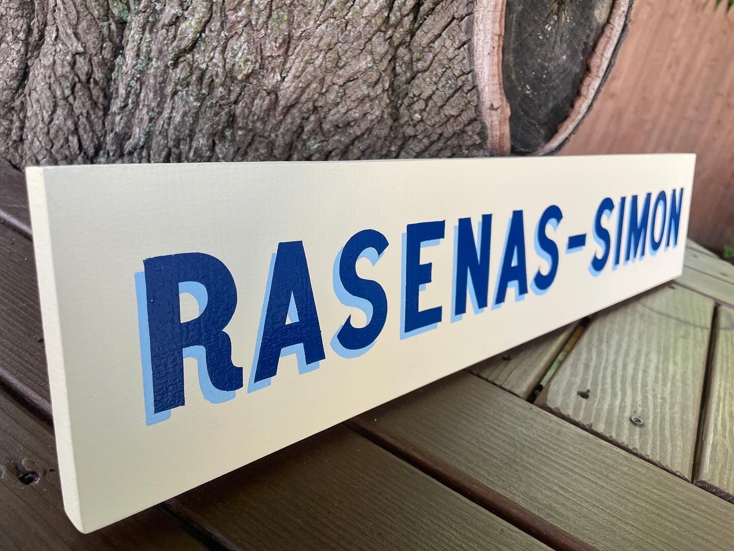 Custom designed and hand painted Family name street sign inspired by street signs in Cape Cod.