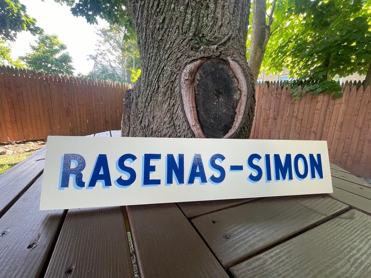 Custom designed and hand painted Family name street sign inspired by street signs in Cape Cod.