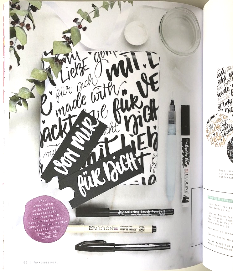 DIY Geschenkpapier. Auf weißem Papier sind mit schwarzem Pinselstift (Brushpen einzelne Handletterings gezeichnet.