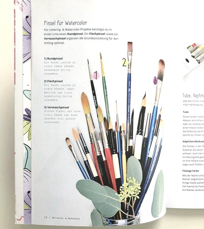 Silberne Dose, gefüllt mit vielen Pinseln, Brushpens und weiteren Stiften. Aus der Dose rankt ein Eukalyptus-Zweig.