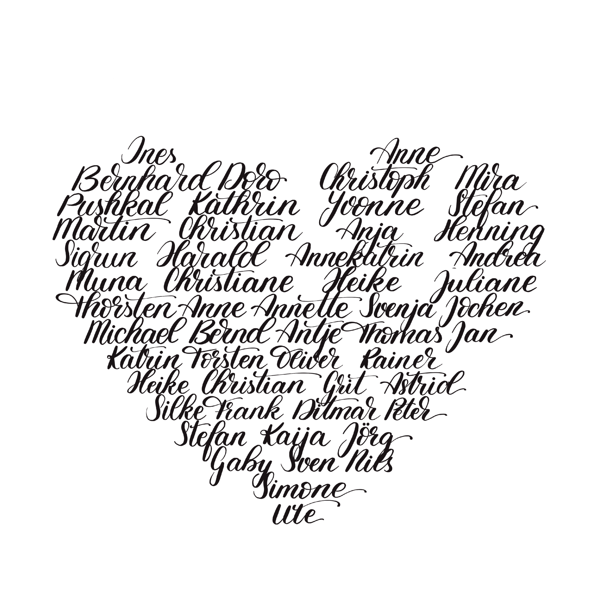 Handlettering Herz mit Namen Feinrosa Handlettering. Schriftkunst. Herz aus Namen. Moderne Kalligrafie.