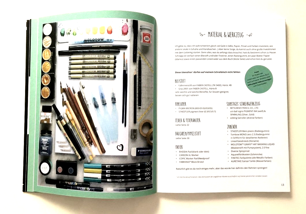 Handlettering-Material. Von Bleistift, über Fineliner, Brushpen, Radiergummi, Kalligrafie-Feder und Pigment-Marker.