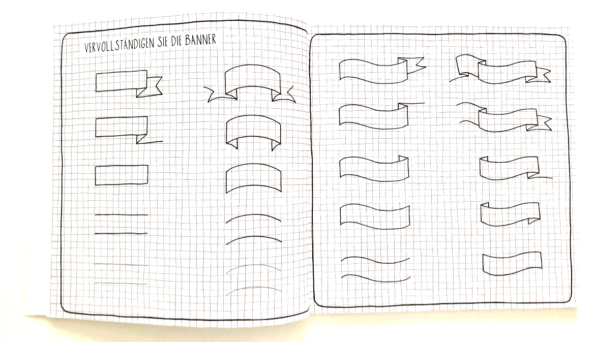 Schritt für Schritt Anleitung wie Banner für Handletterings handgezeichnet werden. Schwarze Schrift auf weißem Papier.